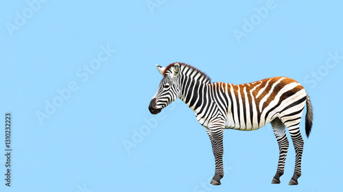 Zebra on light blue background with distinctive black and white stripes
