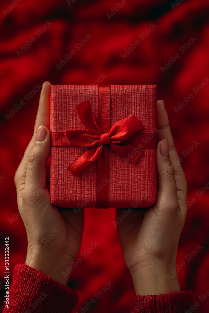 A person holding a red gift box with a red bow A person holding a red gift box with a red bow