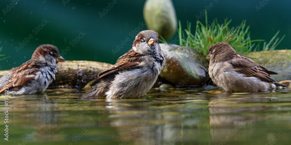 Three house sparrows taking a bath. Czechia.