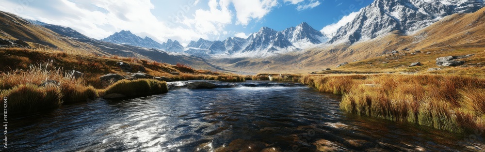 Fototapeta premium Mountain river flowing through a serene valley with majestic peaks under a clear blue sky during daytime