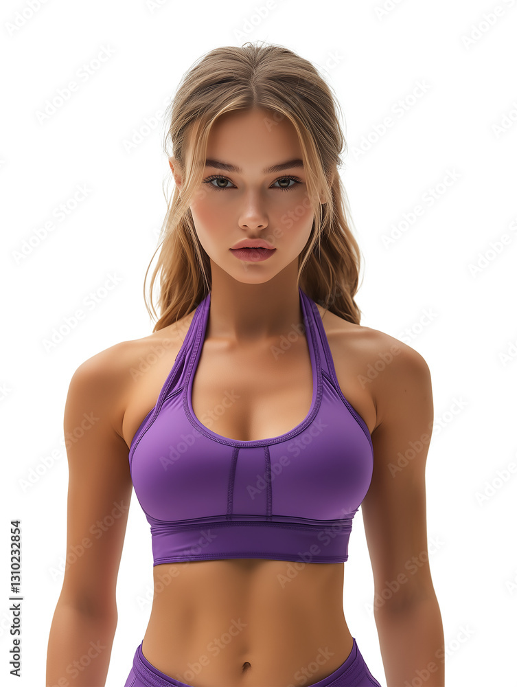 Full-body sporty fitness woman in purpule open sports wear isolated on transparent background Full-body sporty fitness woman in purpule open sports wear isolated on transparent background