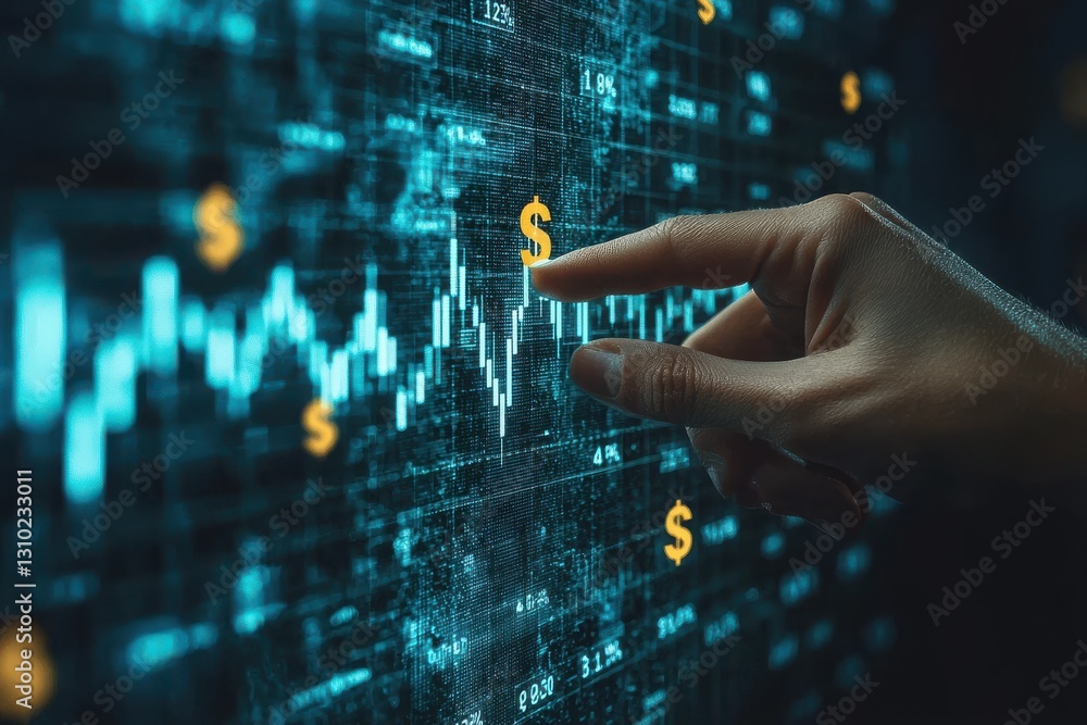 Hand pointing at glowing financial graph with dollar symbols on digital screen Hand pointing at glowing financial graph with dollar symbols on digital screen