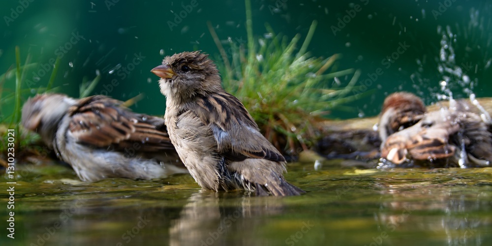 Three house sparrows bathe in a bird watering hole. Czech Republic.