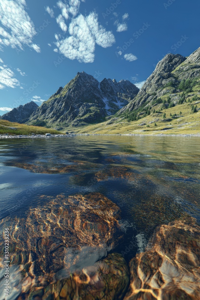 Fototapeta premium Mountain river flowing calmly through rocky terrain on a clear sunny day surrounded by towering peaks