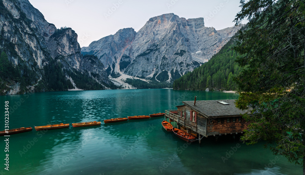 lago di braies, pragser Wildsee lake, at the morning in summer with the legendary fishermans hut house