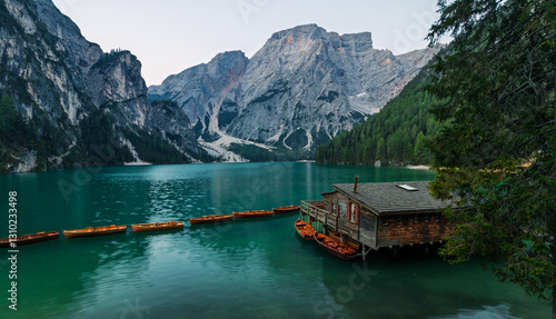 Obraz na płótnie lago di braies, pragser Wildsee lake, at the morning in summer with the legendary fishermans hut house w salonie