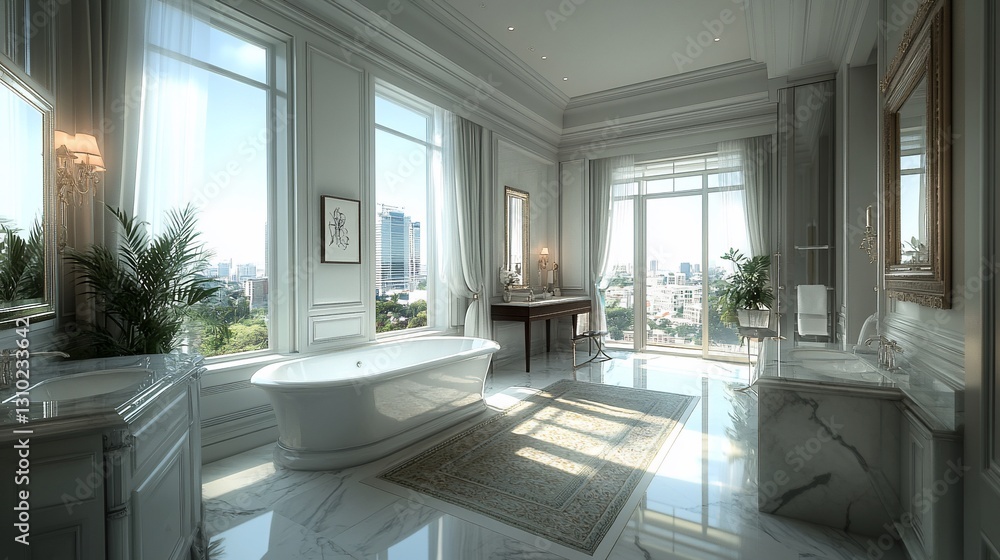 Fototapeta premium Luxurious city-view bathroom, sunlight, marble, tub, design