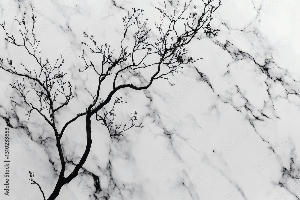 Obraz premium Abstract minimalist tree silhouette on white marble texture background