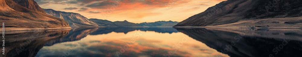 Fototapeta premium Majestic mountain river reflecting the vibrant colors of sunset in a serene natural landscape