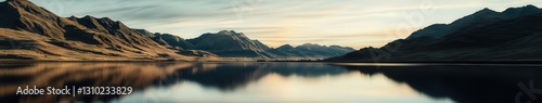 Mountain river reflects serene landscape under soft sunlight at dawn in a tranquil setting