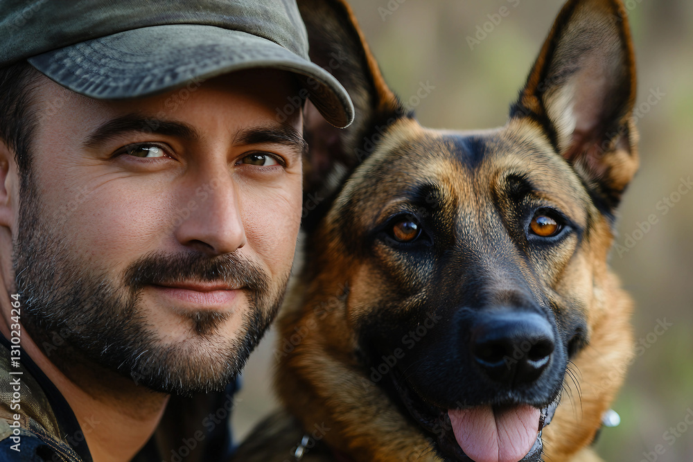 Generative AI Image of a Happy German Shepherd Sheepdog with Cynologist Outdoors Generative AI Image of a Happy German Shepherd Sheepdog with Cynologist Outdoors
