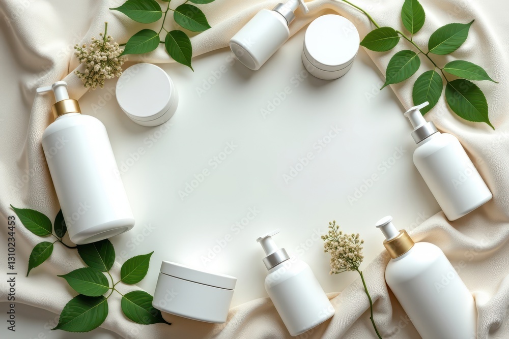 White cosmetic containers arranged with greenery White cosmetic containers arranged with greenery