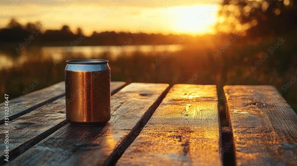 Sunset Picnic Cold Drink on Wooden Table Sunset Picnic Cold Drink on Wooden Table