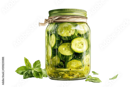 Crisp cucumber slices preserved in jar with fresh green herbs and spices for flavorful pickling