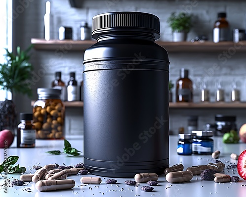 Black supplement bottle kitchen counter