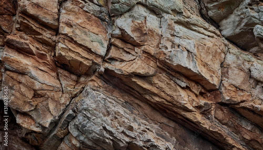 A jagged, golden-brown and beige rock formation with pronounced horizontal fractures. The weathered surface showcases natural geological patterns. A jagged, golden-brown and beige rock formation with pronounced horizontal fractures. The weathered surface showcases natural geological patterns.