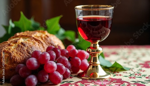 Wallpaper Mural Red wine glass with bread and grapes on festive tablecloth Torontodigital.ca