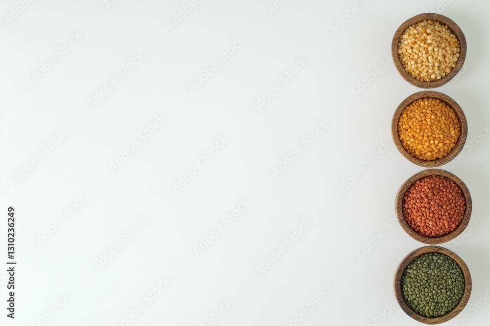 Lentils in wooden bowls create a colorful feast for the eyes showcasing nature's bounty against a white backdrop. Generative AI Lentils in wooden bowls create a colorful feast for the eyes showcasing nature's bounty against a white backdrop. Generative AI