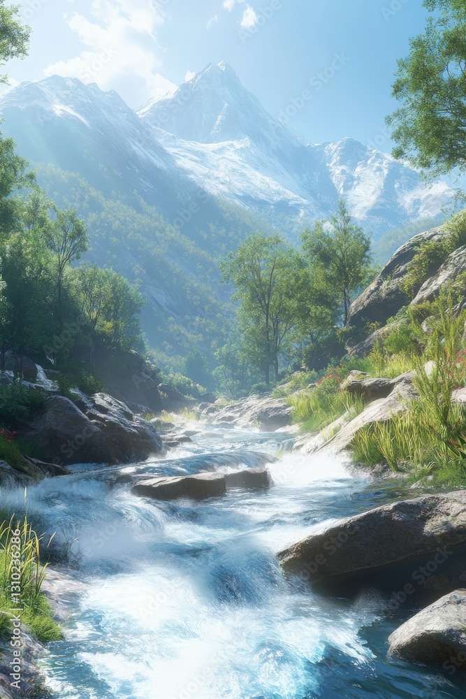 Fototapeta premium Mountain river flows through lush greenery beneath snow-capped peaks in vibrant sunlight