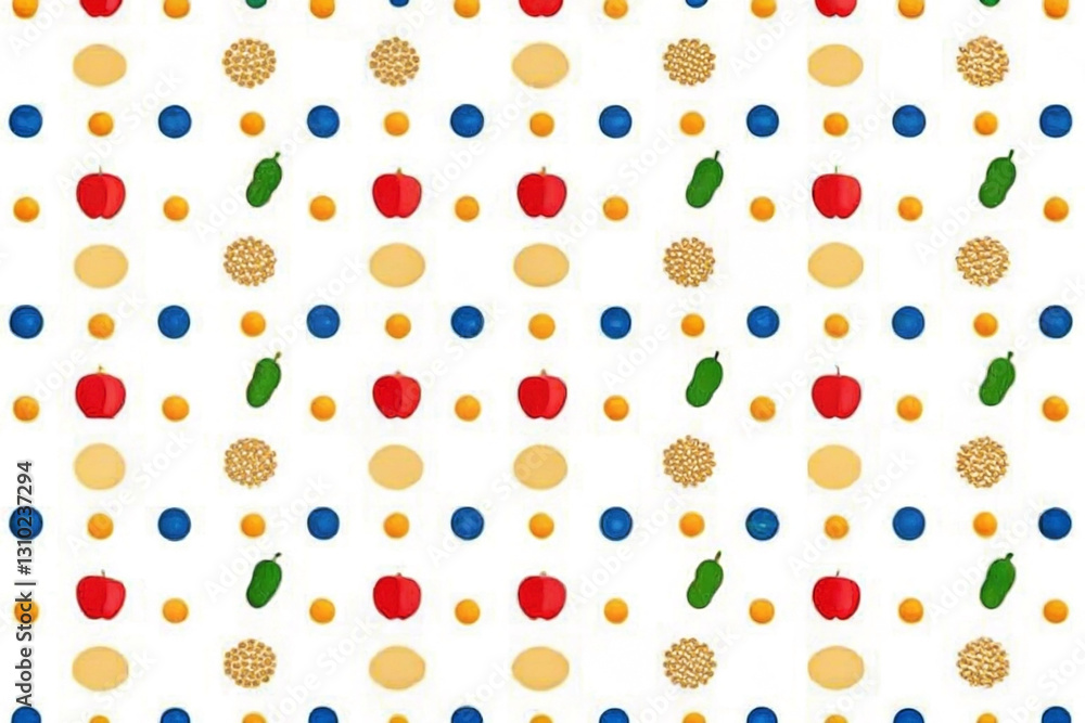Seamless pattern of apples, blueberries, peppers, and other fruits on white background.