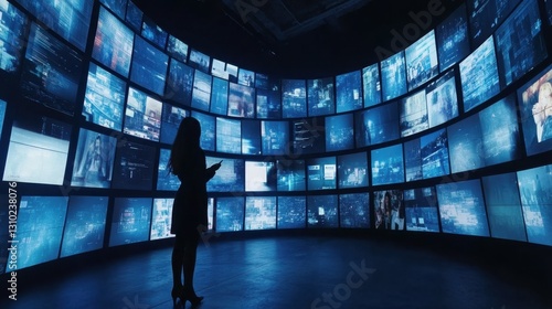 Digital Media Revolution with Massive Curved Wall of Screens in Dark Room : Generative AI
