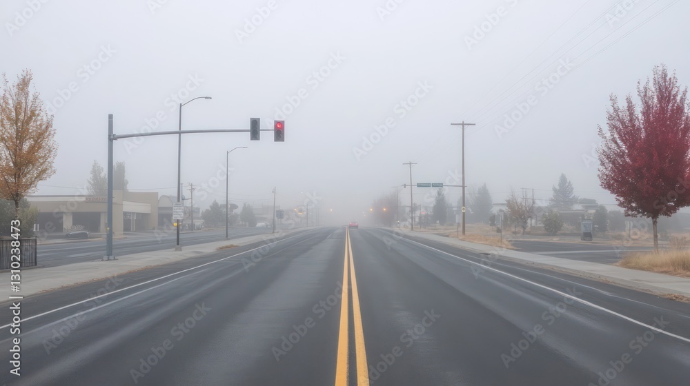 Foggy Morning Road Through Small Town Foggy Morning Road Through Small Town