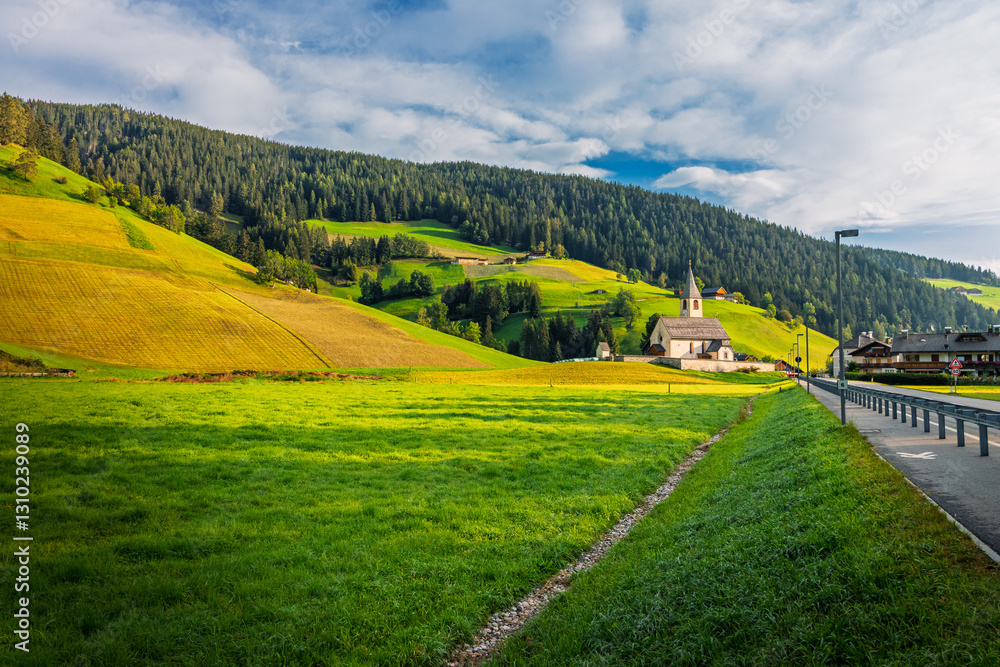 Church in the Alps in italy with green land and gras