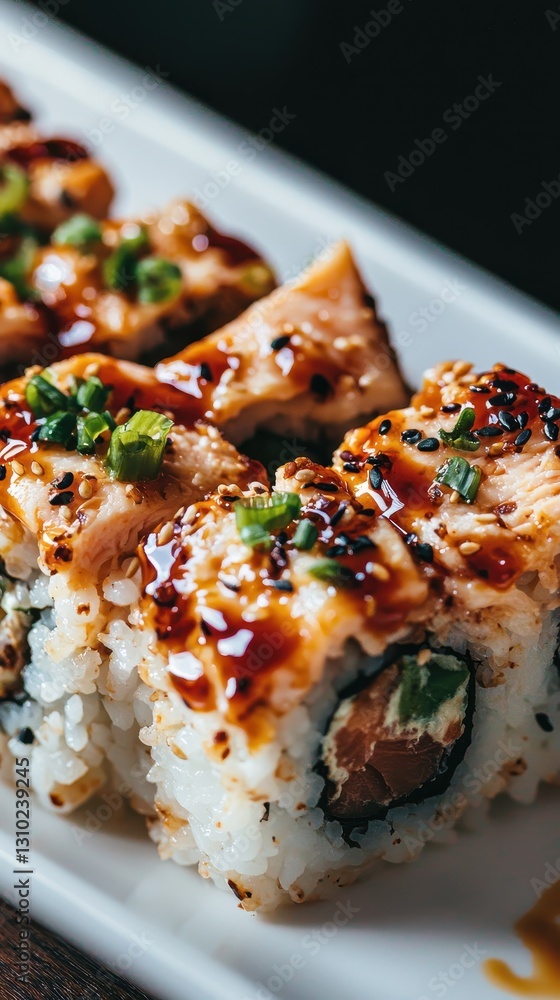 vertical close-up of torched salmon sushi roll with teriyaki sauce and sesame, gourmet japanese food vertical close-up of torched salmon sushi roll with teriyaki sauce and sesame, gourmet japanese food