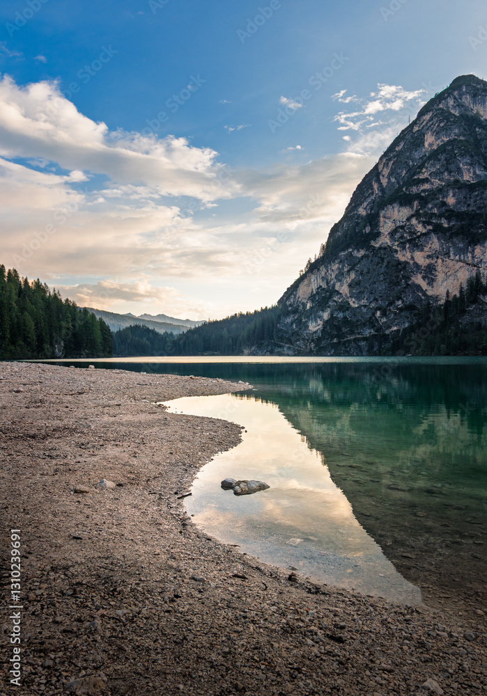 lago di braies, pragser Wildsee lake, at the morning in summer