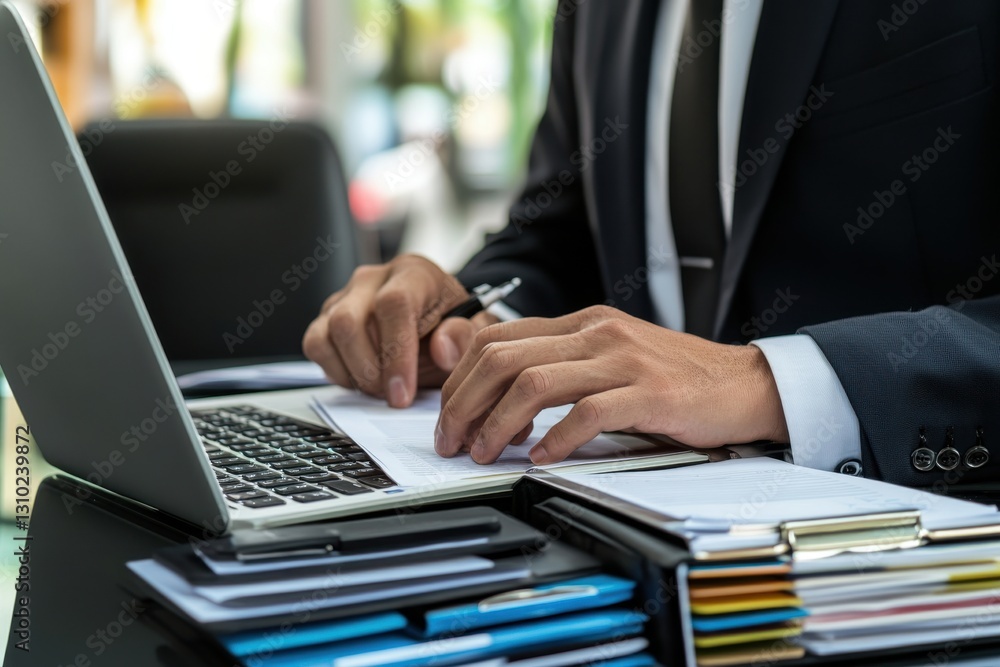 A businessman managing files on a laptop for task management using checklists, clipboards, and a document management system A businessman managing files on a laptop for task management using checklists, clipboards, and a document management system