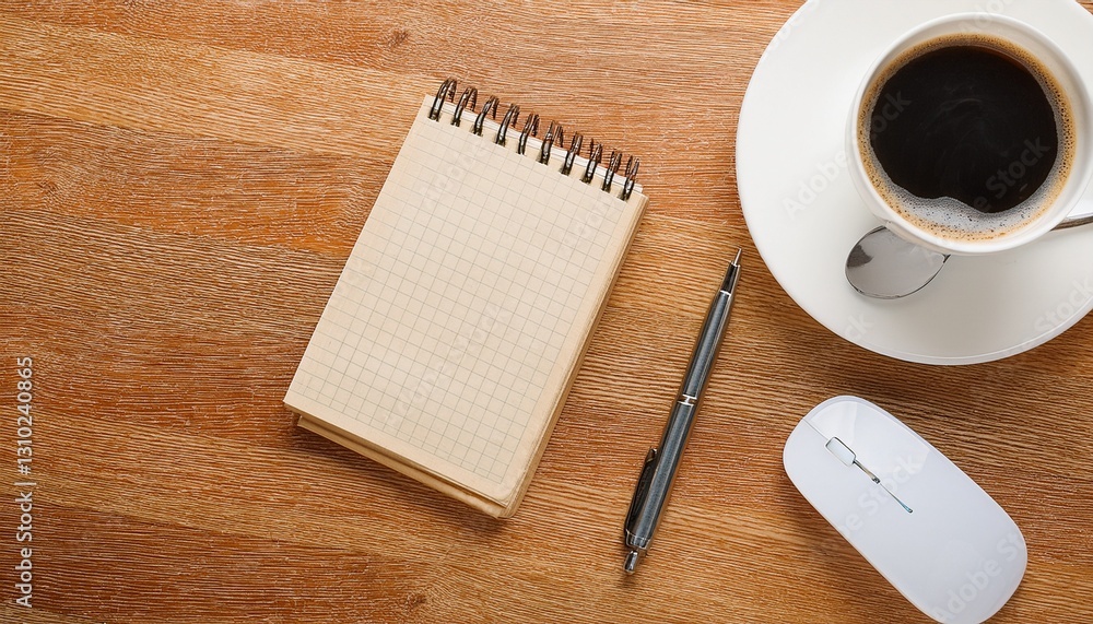 cup of coffee, notebook, pen and mouse on wooden desk cup of coffee, notebook, pen and mouse on wooden desk