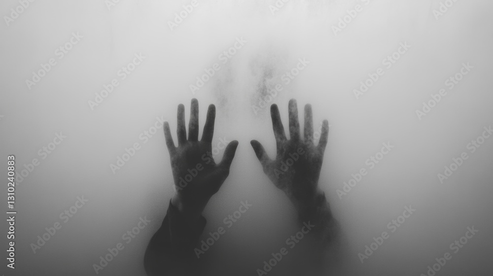 Hands pressed against foggy glass creating a mysterious atmosphere Hands pressed against foggy glass creating a mysterious atmosphere