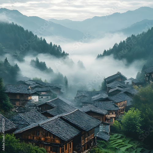 Misty mountain village, Asian countryside