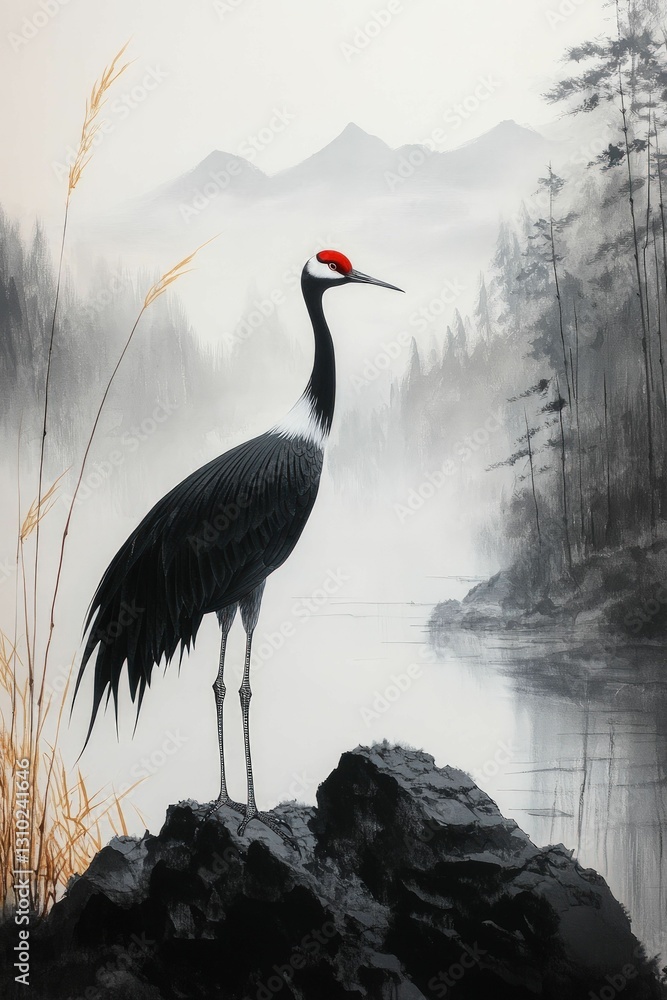 Fototapeta premium Elegant crane stands serene misty mountainscape