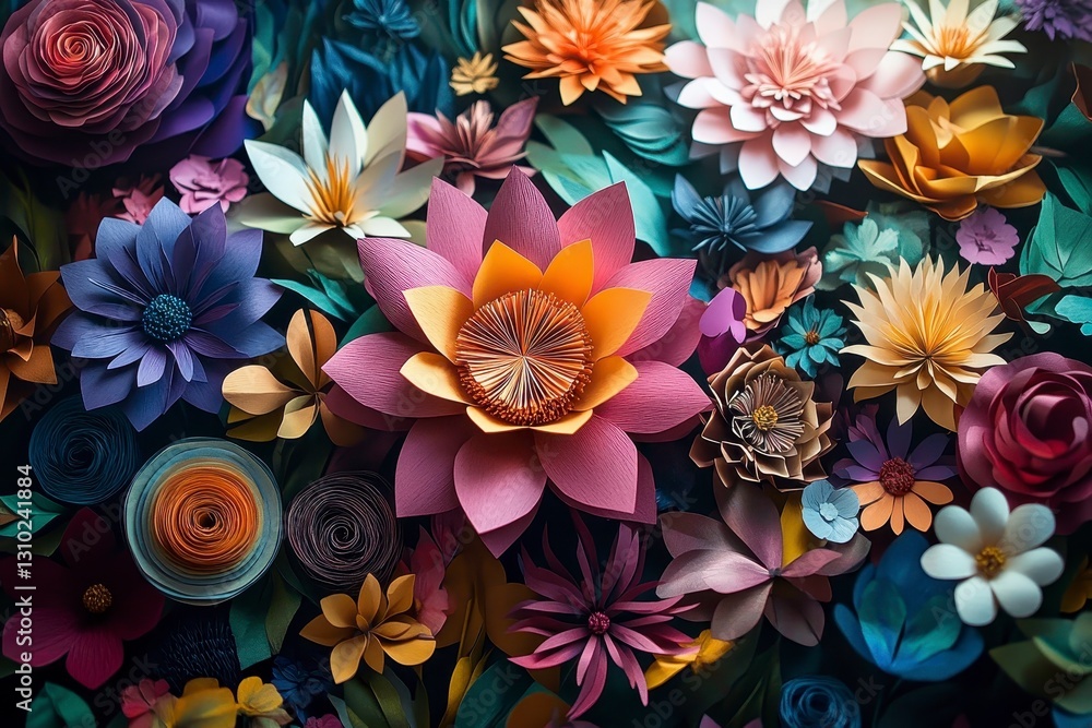 Vibrant Paper Flower Arrangement Close Up View of Colorful Handmade Blossoms Vibrant Paper Flower Arrangement Close Up View of Colorful Handmade Blossoms