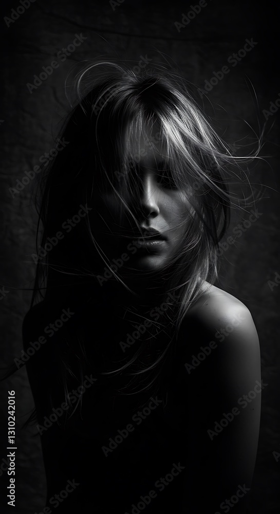 Obraz premium Mysterious Woman in Black Veil: A Dramatic Monochrome Portrait 