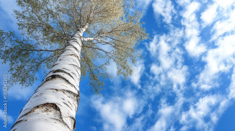 Fototapeta premium Tall birch tree reaching towards a bright blue sky with clouds