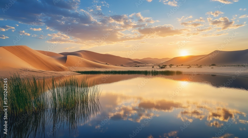 Obraz premium Sunset over serene desert landscape with reflective water