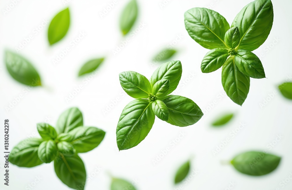 Fresh green basil leaves fly on white background. Culinary herb spice for mediterranean cuisine pesto sauce. Popular flavoring ingredient, used in cooking for healthy diet, aromatherapy, herbal Fresh green basil leaves fly on white background. Culinary herb spice for mediterranean cuisine pesto sauce. Popular flavoring ingredient, used in cooking for healthy diet, aromatherapy, herbal