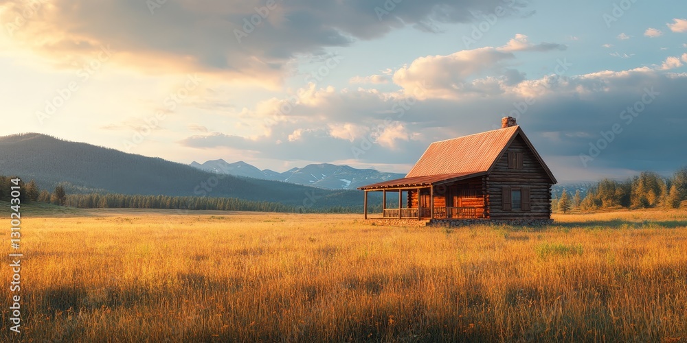 Cozy Log Cabin in Countryside with Sunset Glow Cozy Log Cabin in Countryside with Sunset Glow
