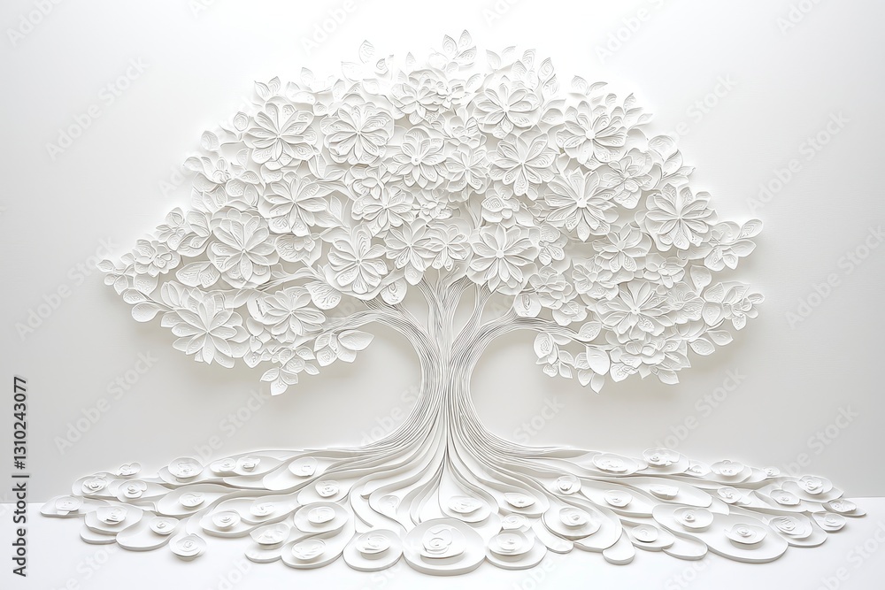 White Papercut Tree Art Intricate Design with 3D Texture White Papercut Tree Art Intricate Design with 3D Texture