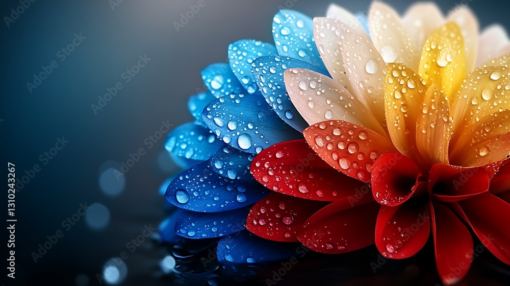Fototapeta premium Colorful flower with droplets reflecting light, set against a blurred dark background
