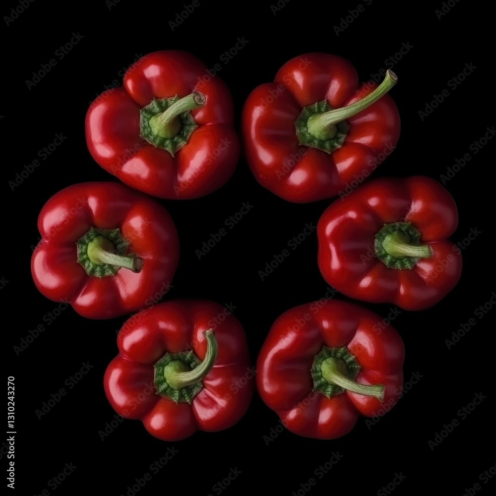 Rotating red peppers captured in freeze motion with a striking top shot highlighting their vibrant color and form. Generative AI Rotating red peppers captured in freeze motion with a striking top shot highlighting their vibrant color and form. Generative AI