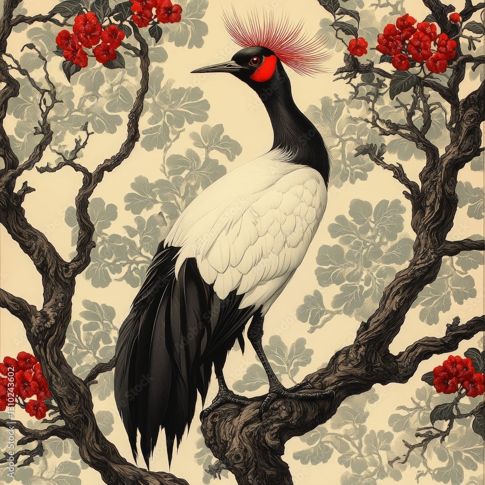 Fototapeta premium Elegant black-crowned crane perched on branch, red flowers