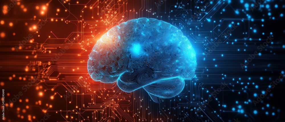 Obraz premium Abstract background with blue and orange polygonal brain on a dark circuit board, a illustration of an artificial intelligence concept Generative AI