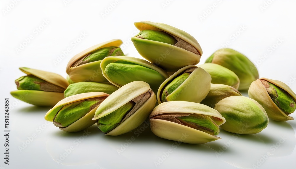 Vibrant green pistachio kernels scattered across a pristine white surface, highlighting their natural texture, color, and freshness, ideal for culinary or healthy lifestyle visuals.
Vibrant green pistachio kernels scattered across a pristine white surface, highlighting their natural texture, color, and freshness, ideal for culinary or healthy lifestyle visuals.