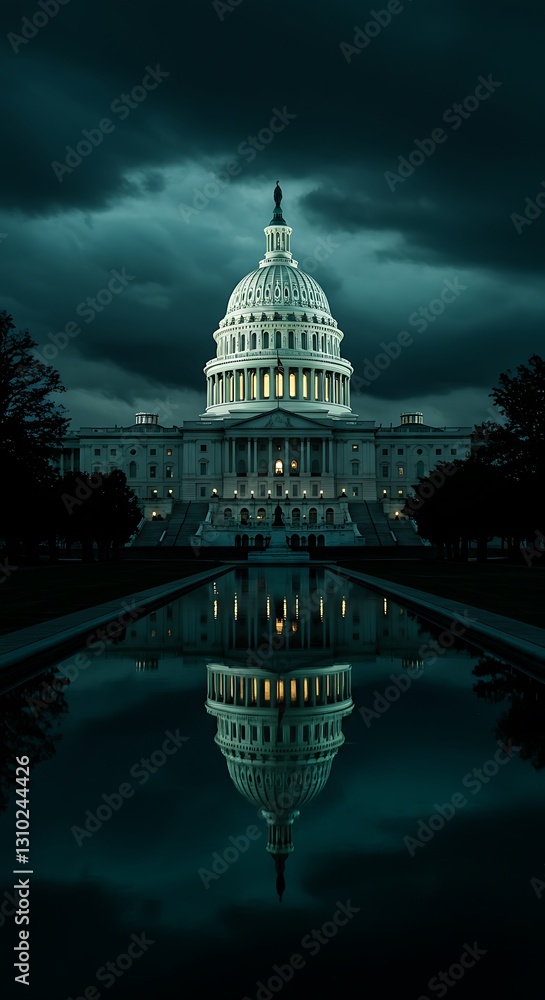 Fototapeta premium Capitol building at night, ominous stormy sky, eerie green glow, reflection in water, dramatic lighting, atmospheric, foreboding, dystopian, cinematic, high contrast, dark mood, architectural symmetry