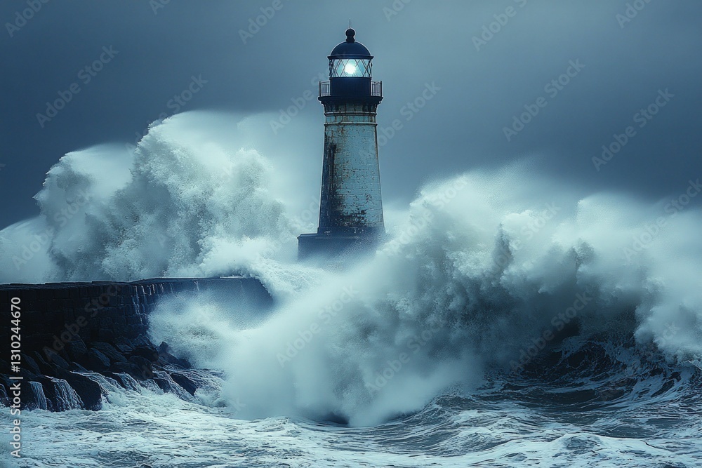 Lighthouse shines bright amidst raging storm waves. Lighthouse shines bright amidst raging storm waves.