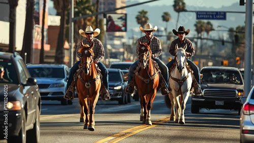 On a busy street in Los Angeles, a group of cowboys with their horses ride through traffic. 