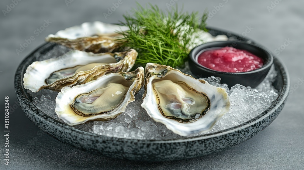 Fresh Oysters on Ice with Dill and Sauce Fresh Oysters on Ice with Dill and Sauce